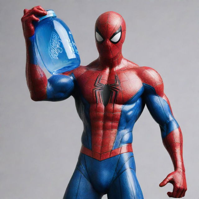 A detailed image of Spiderman, masterfully rendered with one hand transformed into a stylized rendition of a 'Prime' water bottle, and the other hand bearing the vibrant design of the Nepal flag.