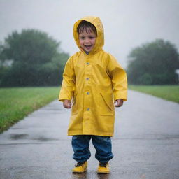 A young boy joyously playing in the rain, clad in a vibrant yellow raincoat, drenched under a gentle downpour against a backdrop of gray clouds