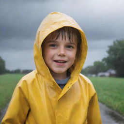 A young boy joyously playing in the rain, clad in a vibrant yellow raincoat, drenched under a gentle downpour against a backdrop of gray clouds