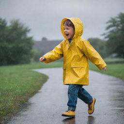 A young boy joyously playing in the rain, clad in a vibrant yellow raincoat, drenched under a gentle downpour against a backdrop of gray clouds