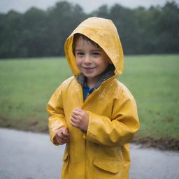 A young boy joyously playing in the rain, clad in a vibrant yellow raincoat, drenched under a gentle downpour against a backdrop of gray clouds