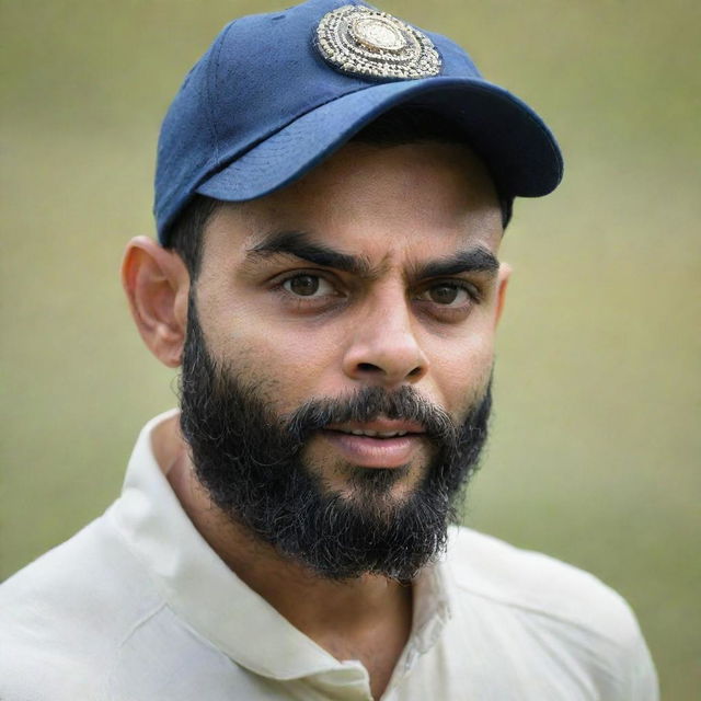 A high-quality, detailed portrait image of Virat Kohli in cricket gear on the field, ready for action.