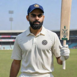 A high-quality, detailed portrait image of Virat Kohli in cricket gear on the field, ready for action.