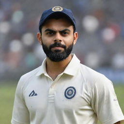 A high-quality, detailed portrait image of Virat Kohli in cricket gear on the field, ready for action.