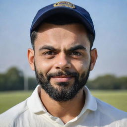 A high-quality, detailed portrait image of Virat Kohli in cricket gear on the field, ready for action.