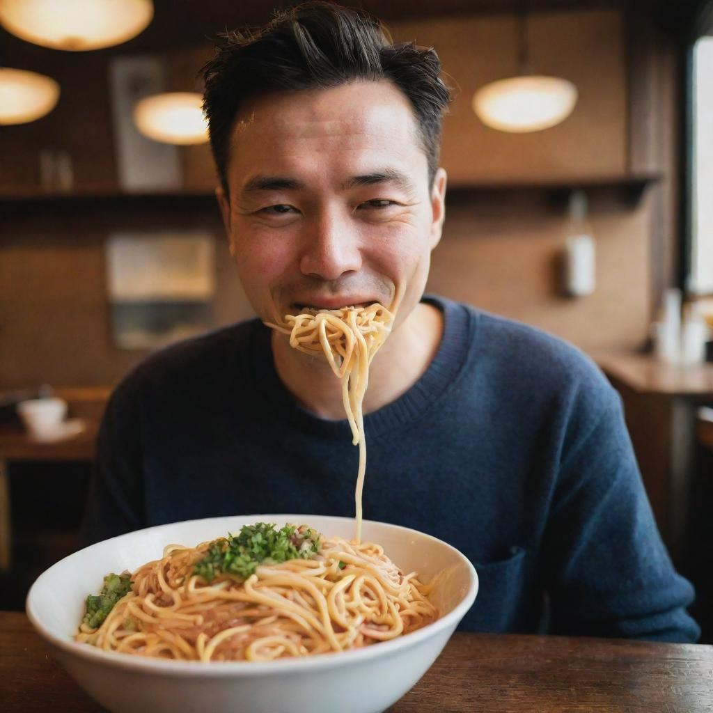 A detailed image of a man enjoying a bowl of delicious noodles at a cozy restaurant