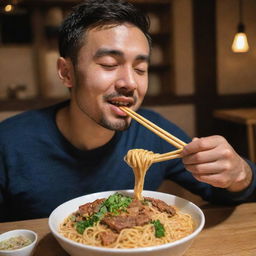 A detailed image of a man enjoying a bowl of delicious noodles at a cozy restaurant