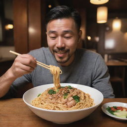 A detailed image of a man enjoying a bowl of delicious noodles at a cozy restaurant