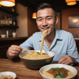 A detailed image of a man enjoying a bowl of delicious noodles at a cozy restaurant