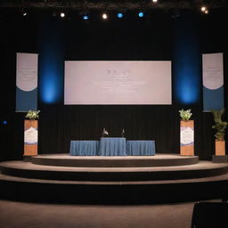 A lively and engaging stage setup for a declamation competition, adorned with creative banners, spotlights, a speaking podium, and a cheering audience. The theme is a mix of classical and modern styles.