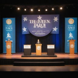 A lively and engaging stage setup for a declamation competition, adorned with creative banners, spotlights, a speaking podium, and a cheering audience. The theme is a mix of classical and modern styles.