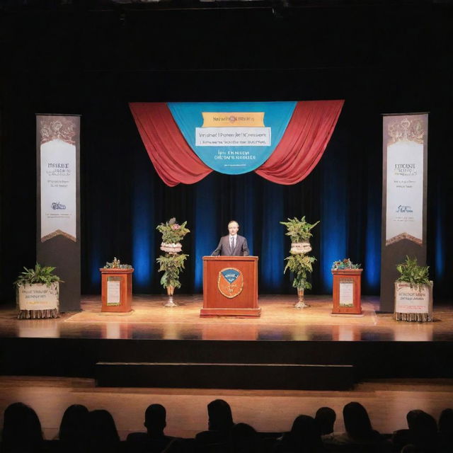 A lively and engaging stage setup for a declamation competition, adorned with creative banners, spotlights, a speaking podium, and a cheering audience. The theme is a mix of classical and modern styles.