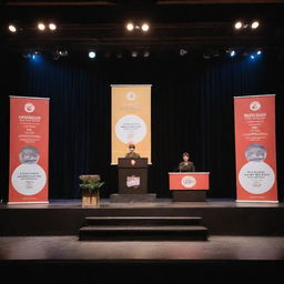 A lively and engaging stage setup for a declamation competition, adorned with creative banners, spotlights, a speaking podium, and a cheering audience. The theme is a mix of classical and modern styles.