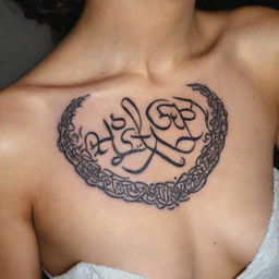 A delicate and intricate tattoo design featuring beautifully stylized Arabic names.