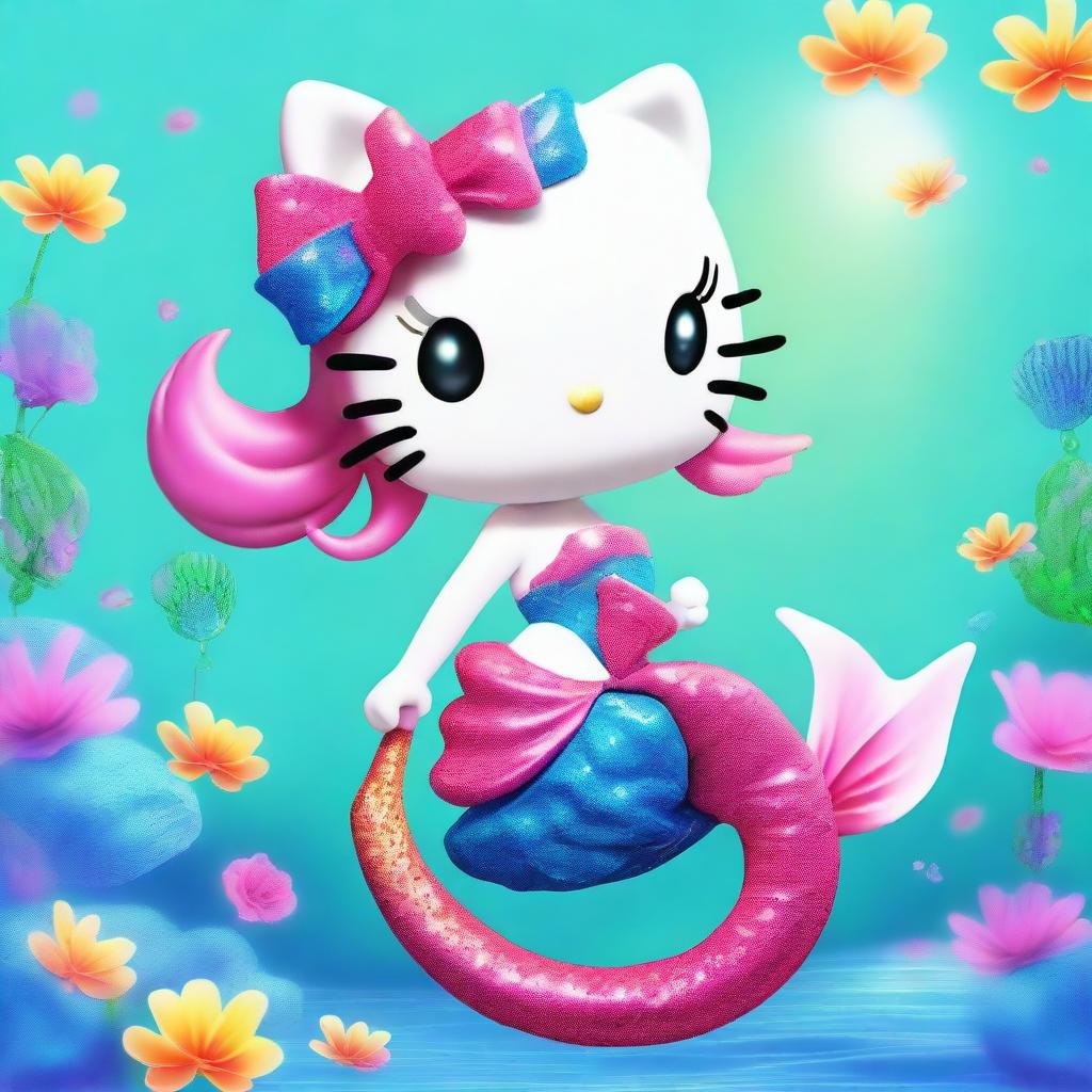 This digital art image depicts the beloved character Hello Kitty as a vibrant mermaid