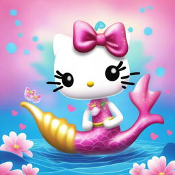 This digital art image depicts the beloved character Hello Kitty as a vibrant mermaid