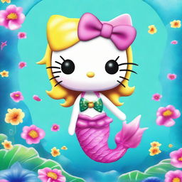 This digital art image depicts the beloved character Hello Kitty as a vibrant mermaid