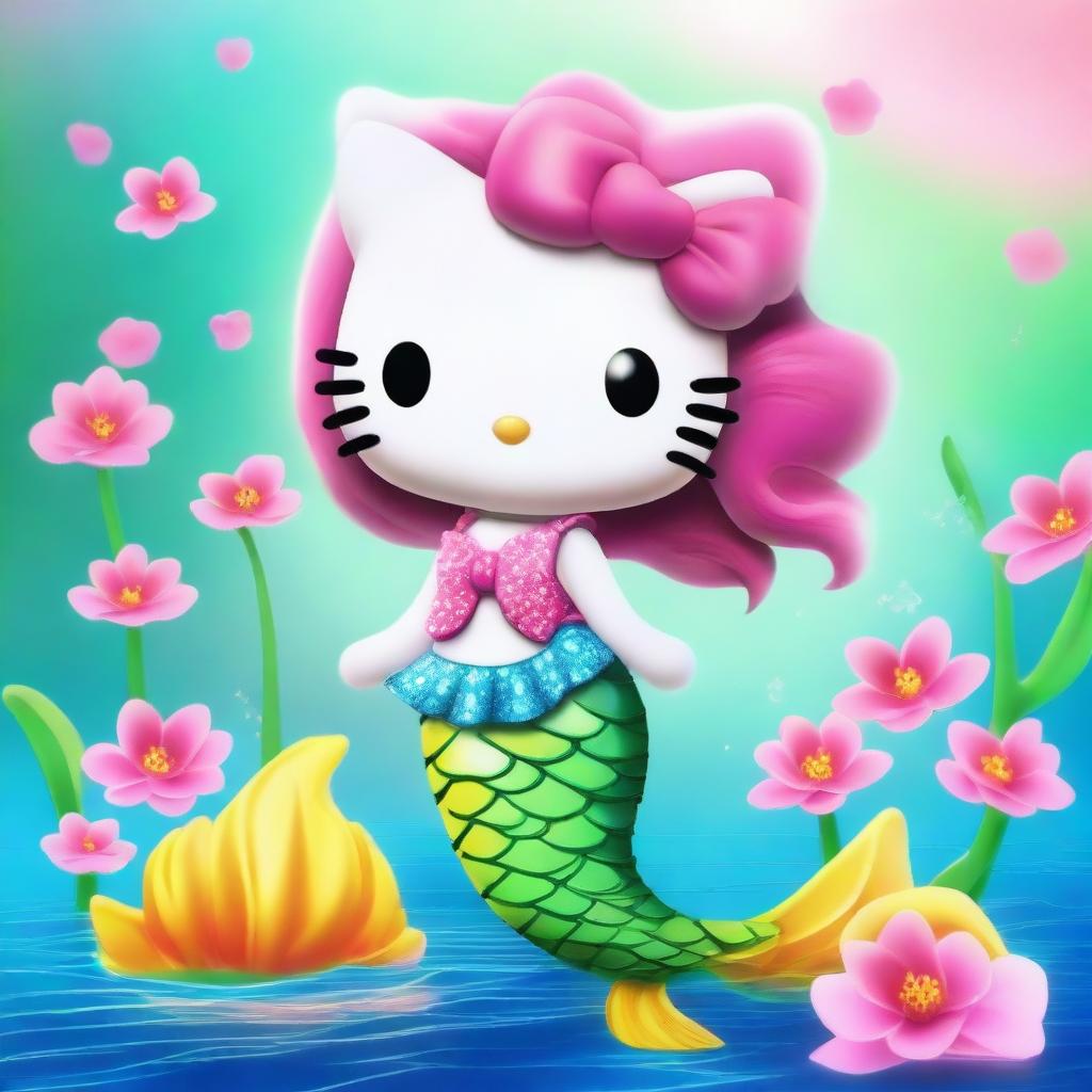 This digital art image depicts the beloved character Hello Kitty as a vibrant mermaid