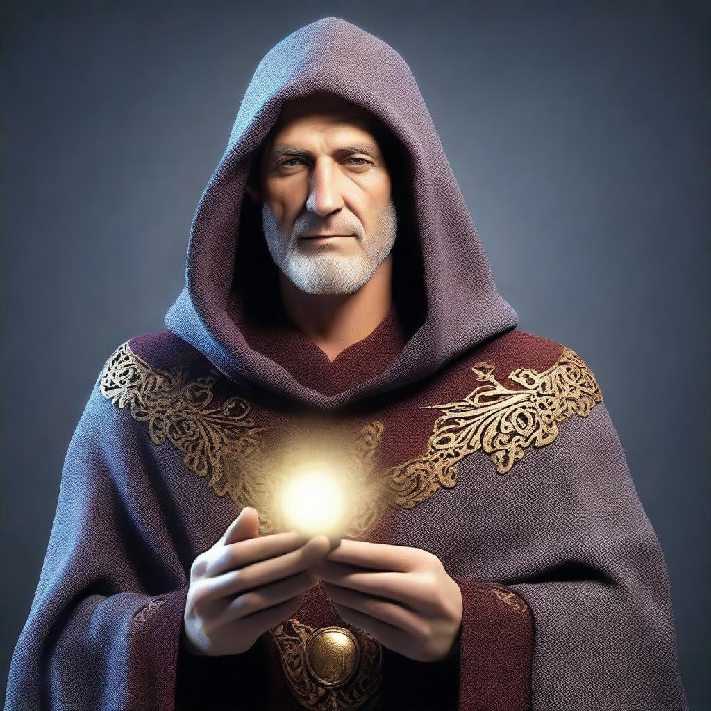 This is a high-resolution 3D render of a man in his 40s, bearing a strong resemblance to Merlin from the TV show