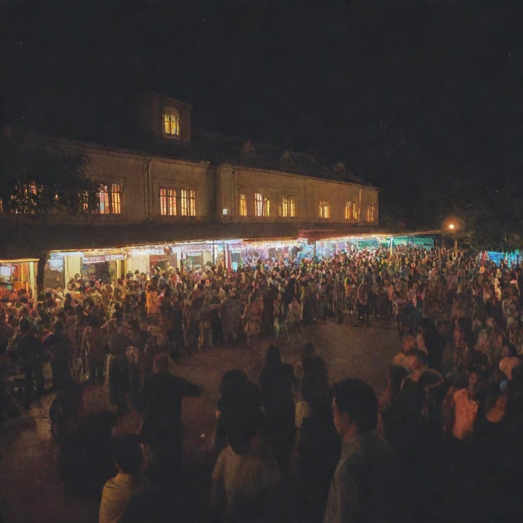 Lively night scene at Pune's King and Queens club, filled with vibrant lights and people casually dressed, enjoying their time.