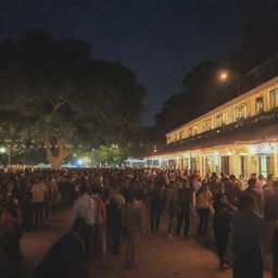 Lively night scene at Pune's King and Queens club, filled with vibrant lights and people casually dressed, enjoying their time.