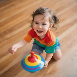 A joyful child spinning a top on a smooth, wooden floor, with vibrant colors blending as the top spins.