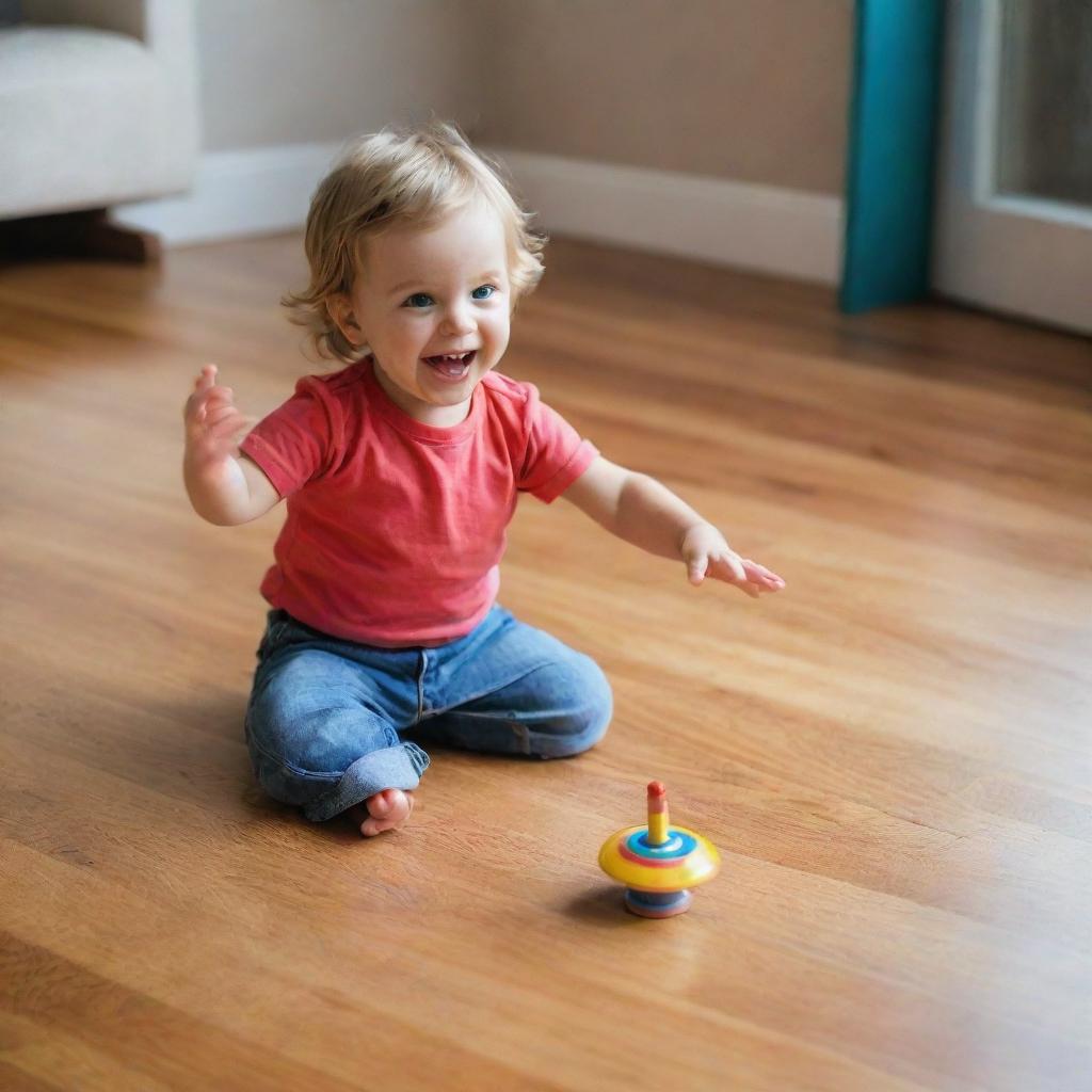 A joyful child spinning a top on a smooth, wooden floor, with vibrant colors blending as the top spins.