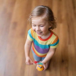 A joyful child spinning a top on a smooth, wooden floor, with vibrant colors blending as the top spins.