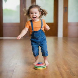 A joyful child spinning a top on a smooth, wooden floor, with vibrant colors blending as the top spins.