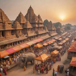 A scene of ancient Indian civilization - sacred temples, adorned elephants, bustling bazaars with colorful silk saris, and people engaged in various activities, all enveloped in a golden sunset.