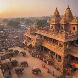 A scene of ancient Indian civilization - sacred temples, adorned elephants, bustling bazaars with colorful silk saris, and people engaged in various activities, all enveloped in a golden sunset.