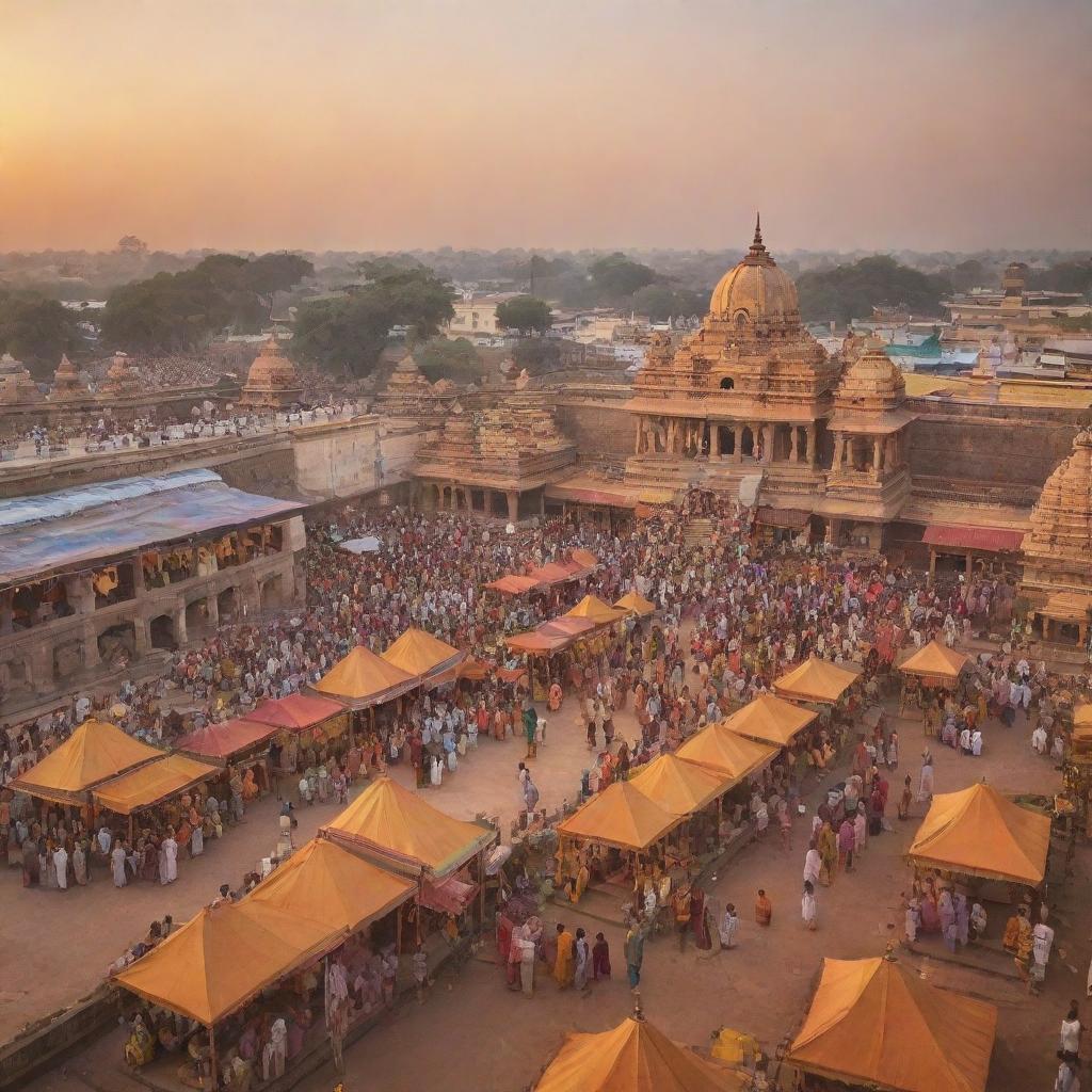 A scene of ancient Indian civilization - sacred temples, adorned elephants, bustling bazaars with colorful silk saris, and people engaged in various activities, all enveloped in a golden sunset.