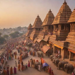 A scene of ancient Indian civilization - sacred temples, adorned elephants, bustling bazaars with colorful silk saris, and people engaged in various activities, all enveloped in a golden sunset.