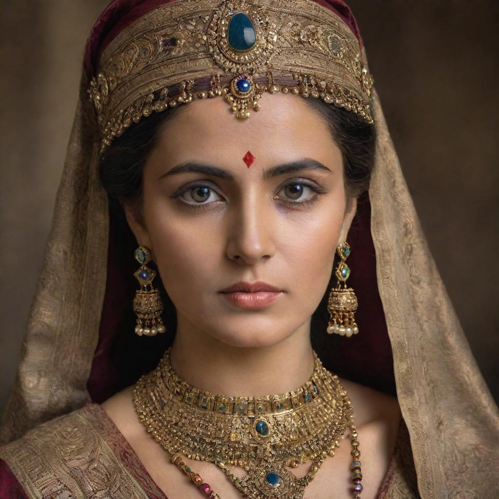 An exquisite portrait of an ancient woman adorned in regal attire and intricate jewelry, her eyes harboring centuries of wisdom and elegance.