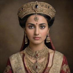 An exquisite portrait of an ancient woman adorned in regal attire and intricate jewelry, her eyes harboring centuries of wisdom and elegance.