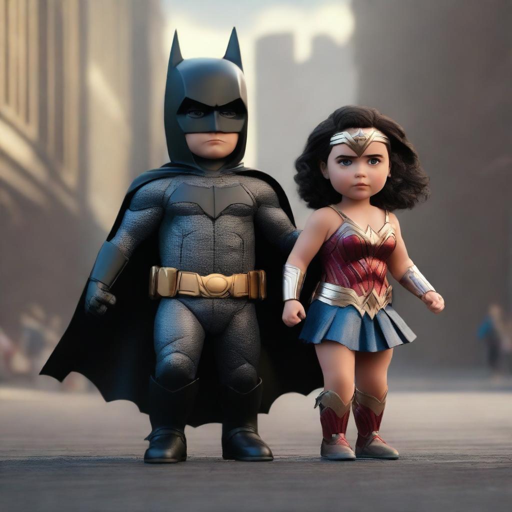 A high-quality, denoise 8K 3D render captures a vibrant and dramatic scene of toddler versions of Batman and Wonder Woman