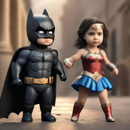 A high-quality, denoise 8K 3D render captures a vibrant and dramatic scene of toddler versions of Batman and Wonder Woman