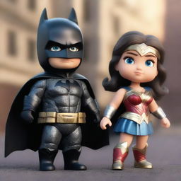 A high-quality, denoise 8K 3D render captures a vibrant and dramatic scene of toddler versions of Batman and Wonder Woman