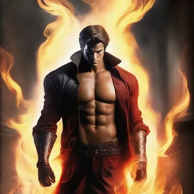 As the flames grew higher and the room filled with smoke, the hero's eyes incandesced with a fiery determination to save his love.