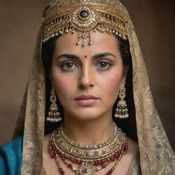 An exquisite portrait of an ancient woman adorned in regal attire and intricate jewelry, her eyes harboring centuries of wisdom and elegance.