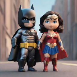 A high-quality, denoise 8K 3D render captures a vibrant and dramatic scene of toddler versions of Batman and Wonder Woman