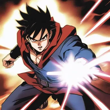In the intense battle scene, the protagonist's eyes incandesce with power.