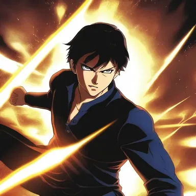 In the intense battle scene, the protagonist's eyes incandesce with power.