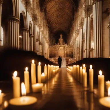 During the ceremony, the candles incandesce in the dimly lit church.