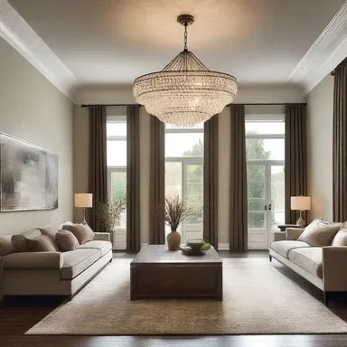 The elegant chandelier incandesces the entire room, creating a warm and cozy ambiance.
