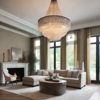 The elegant chandelier incandesces the entire room, creating a warm and cozy ambiance.