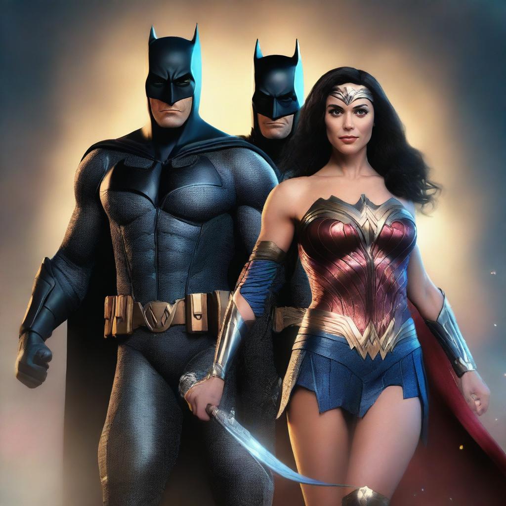 A high-quality, denoise 8K 3D render captures a vibrant and dramatic scene of Batman and Wonder Woman