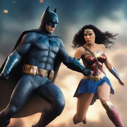 A high-quality, denoise 8K 3D render captures a vibrant and dramatic scene of Batman and Wonder Woman