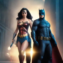 A high-quality, denoise 8K 3D render captures a vibrant and dramatic scene of Batman and Wonder Woman