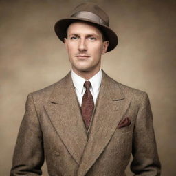 A portrait of a man in 1930s attire, showcasing the vintage fashion of that era